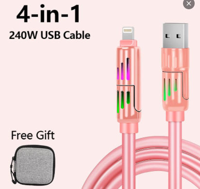 4 in 1 Fast Charging Cable – USB-A Type-C Lightning Multi-Connector with Breathing Light Aluminum Alloy (Pink)