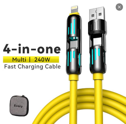 4 in 1 240W Fast Charging Cable – USB-A Type-C Lightning Multi-Connector with Breathing Light (Yellow)