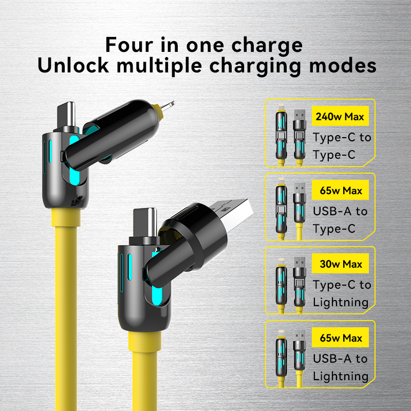 4 in 1 240W Fast Charging Cable – USB-A Type-C Lightning Multi-Connector with Breathing Light (Yellow)