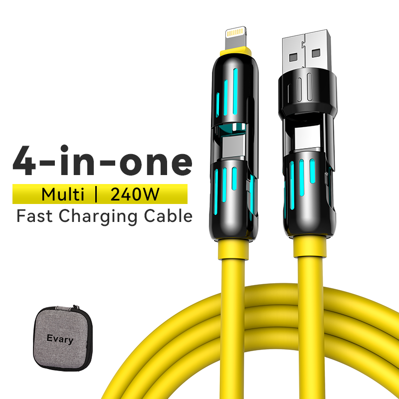 4 in 1 240W Fast Charging Cable – USB-A Type-C Lightning Multi-Connector with Breathing Light (Yellow)