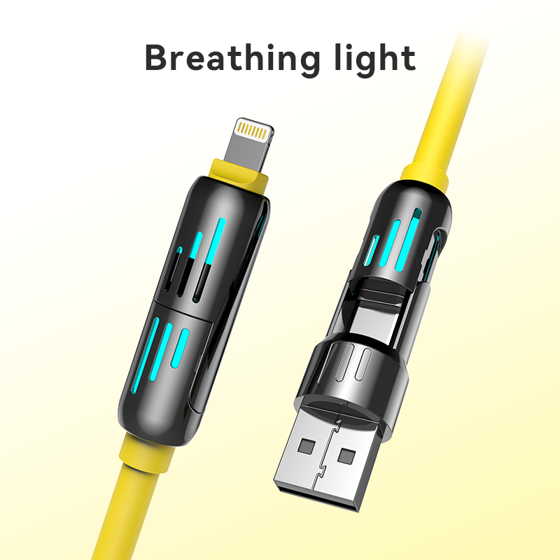 4 in 1 240W Fast Charging Cable – USB-A Type-C Lightning Multi-Connector with Breathing Light (Yellow)