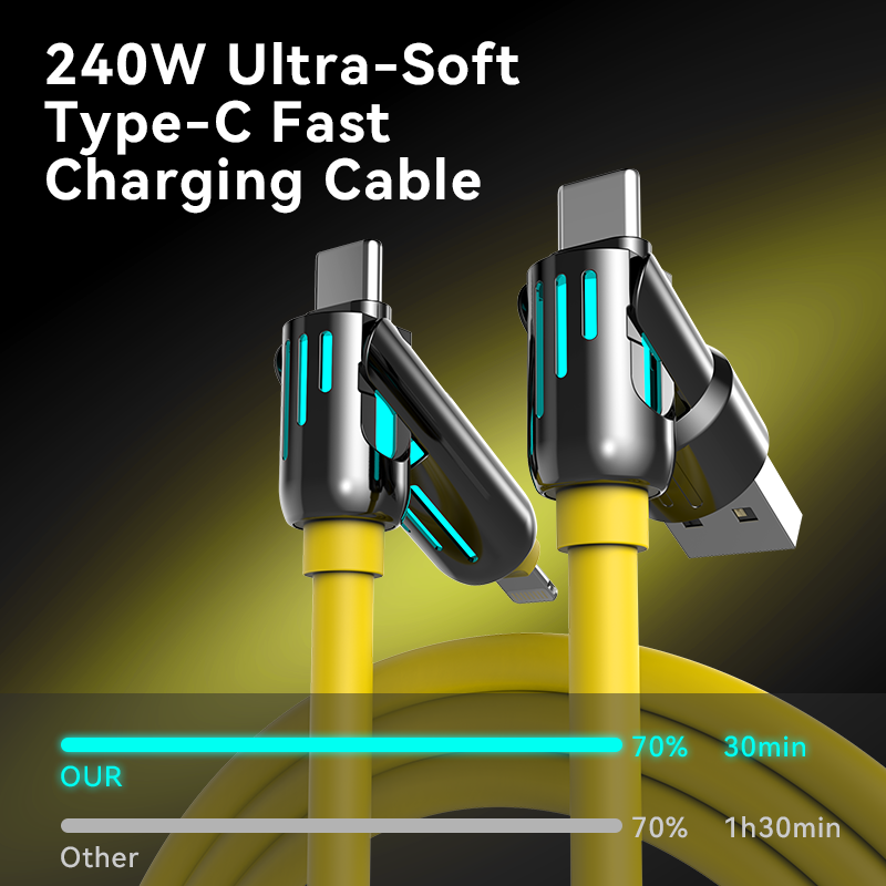 4 in 1 240W Fast Charging Cable – USB-A Type-C Lightning Multi-Connector with Breathing Light (Yellow)