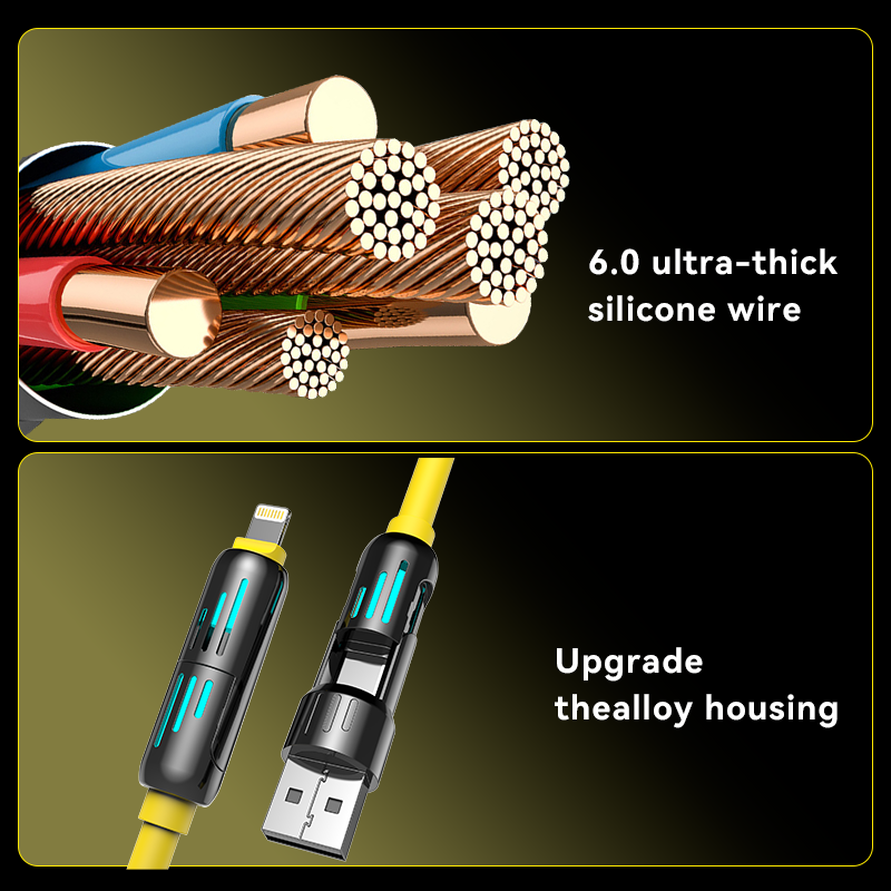 4 in 1 240W Fast Charging Cable – USB-A Type-C Lightning Multi-Connector with Breathing Light (Yellow)