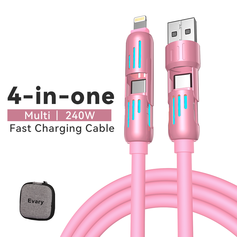 4 in 1 Fast Charging Cable – USB-A Type-C Lightning Multi-Connector with Breathing Light Aluminum Alloy (Pink)