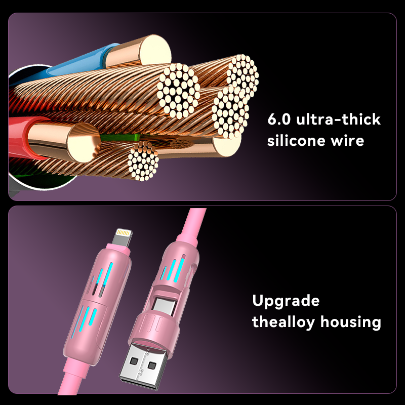 4 in 1 Fast Charging Cable – USB-A Type-C Lightning Multi-Connector with Breathing Light Aluminum Alloy (Pink)