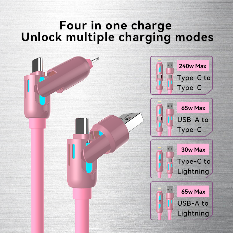 4 in 1 Fast Charging Cable – USB-A Type-C Lightning Multi-Connector with Breathing Light Aluminum Alloy (Pink)