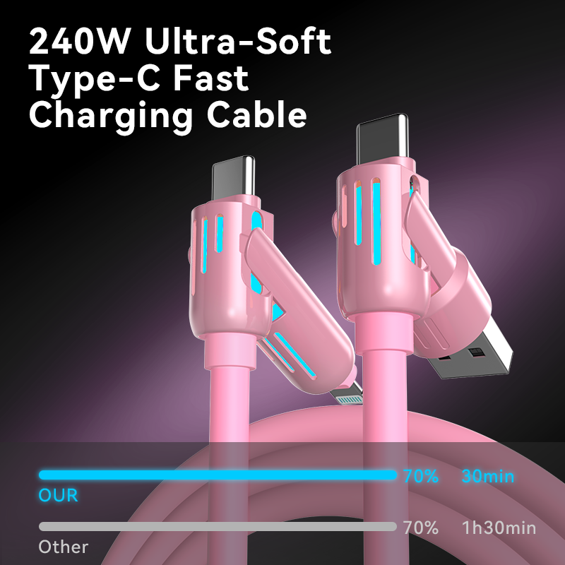 4 in 1 Fast Charging Cable – USB-A Type-C Lightning Multi-Connector with Breathing Light Aluminum Alloy (Pink)