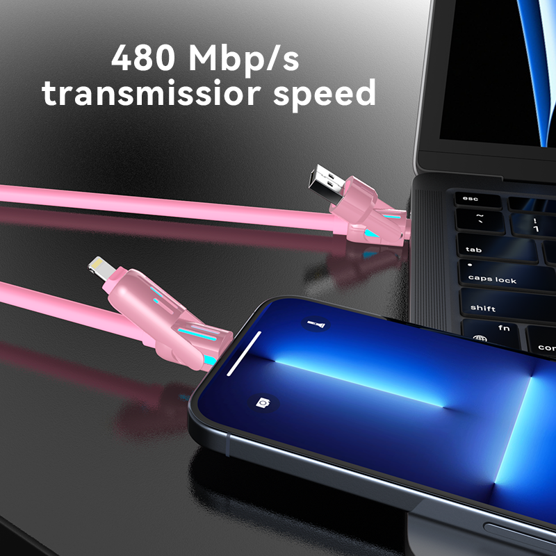 4 in 1 Fast Charging Cable – USB-A Type-C Lightning Multi-Connector with Breathing Light Aluminum Alloy (Pink)