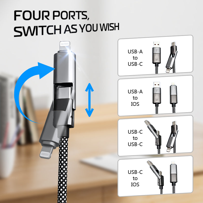 4-in-1 Magnetic Retractable Charging Cable – 100W Auto-Retractable Multi-Device Charger with USB-A Type-C Lightning for Travel