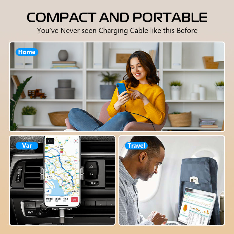 4-in-1 Magnetic Retractable Charging Cable – 100W Auto-Retractable Multi-Device Charger with USB-A Type-C Lightning for Travel