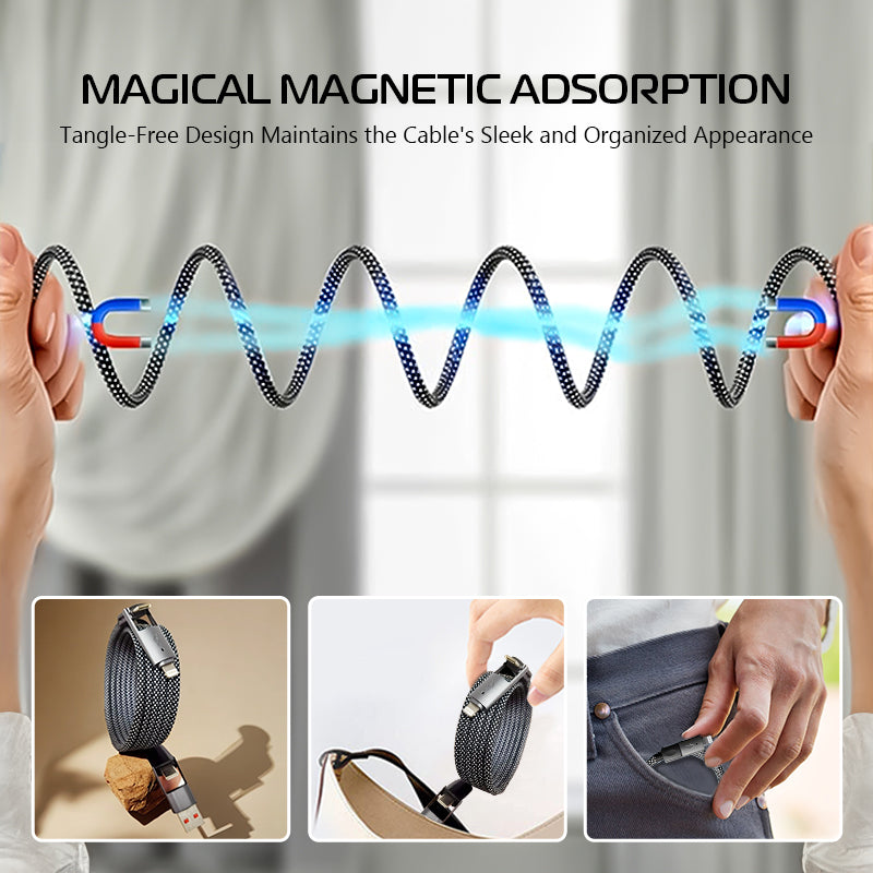 4-in-1 Magnetic Retractable Charging Cable – 100W Auto-Retractable Multi-Device Charger with USB-A Type-C Lightning for Travel