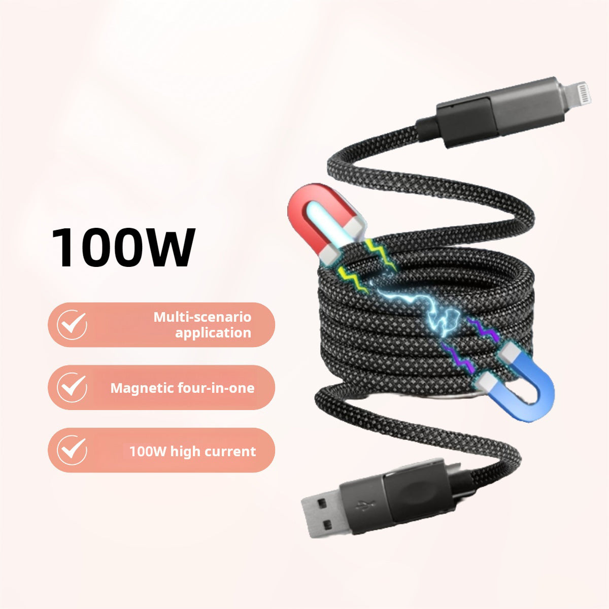4-in-1 Magnetic Retractable Charging Cable – 100W Auto-Retractable Multi-Device Charger with USB-A Type-C Lightning for Travel