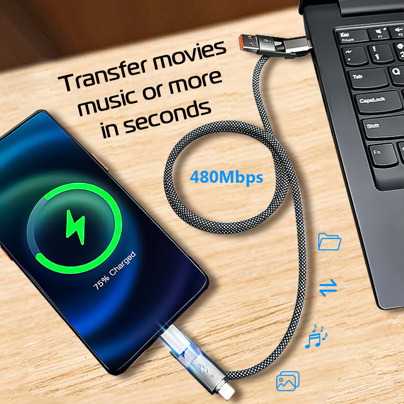 4-in-1 Magnetic Retractable Charging Cable – 100W Auto-Retractable Multi-Device Charger with USB-A Type-C Lightning for Travel