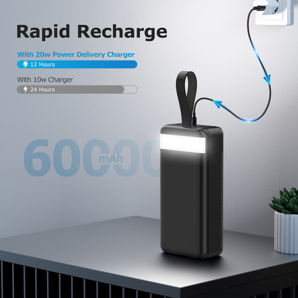 Q24 60000mAh Portable Power Bank – 22.5W PD4.0 QC4.0 Ultra-Large Capacity Fast Charger with USB-C