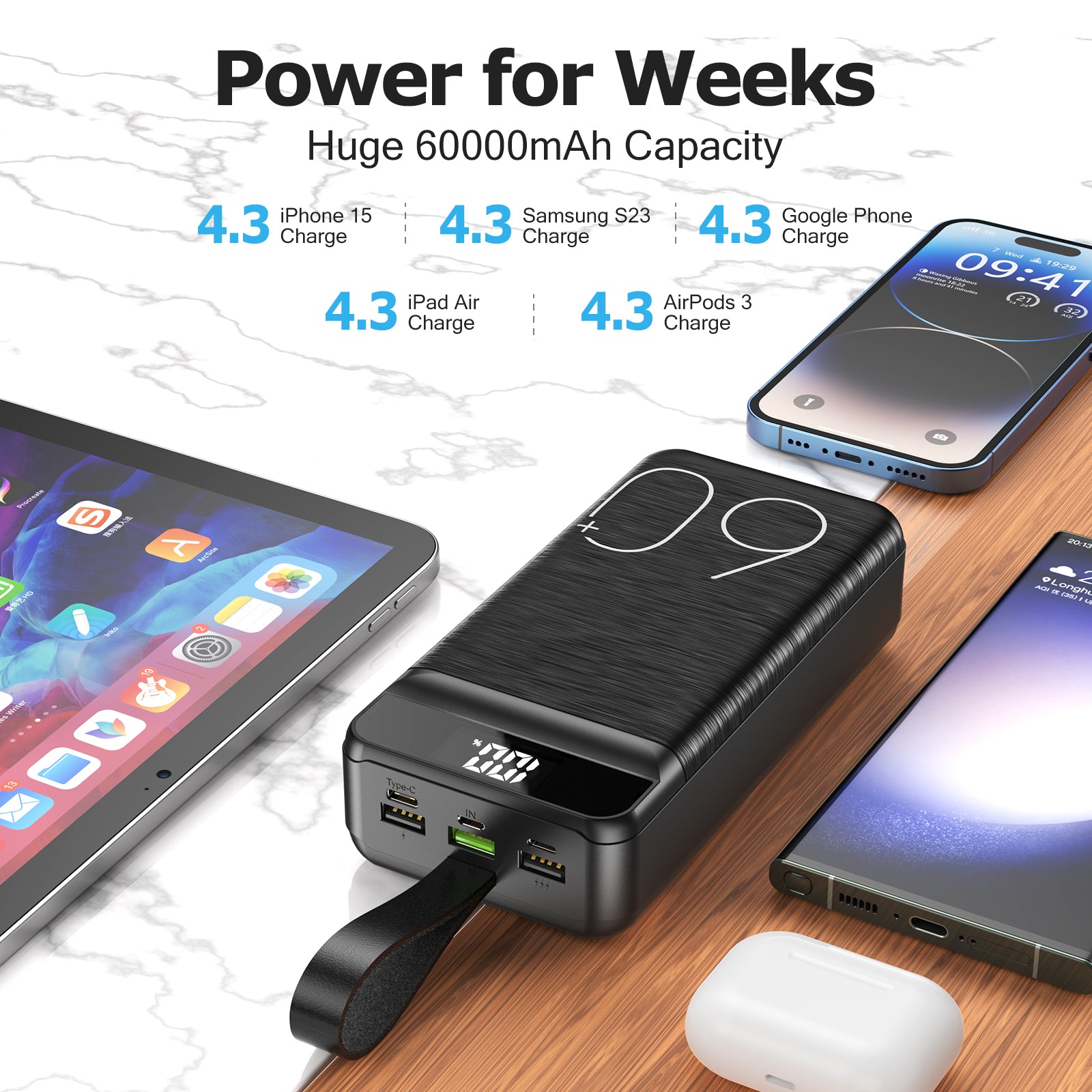Q24 60000mAh Portable Power Bank – 22.5W PD4.0 QC4.0 Ultra-Large Capacity Fast Charger with USB-C