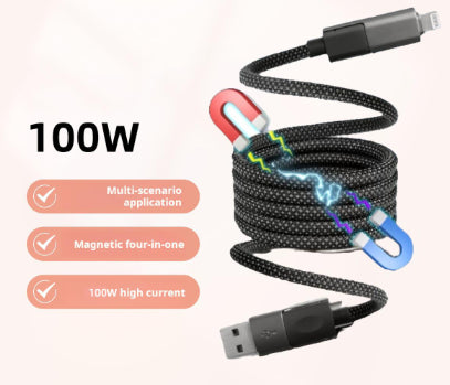 4-in-1 Magnetic Retractable Charging Cable – 100W Auto-Retractable Multi-Device Charger with USB-A Type-C Lightning for Travel